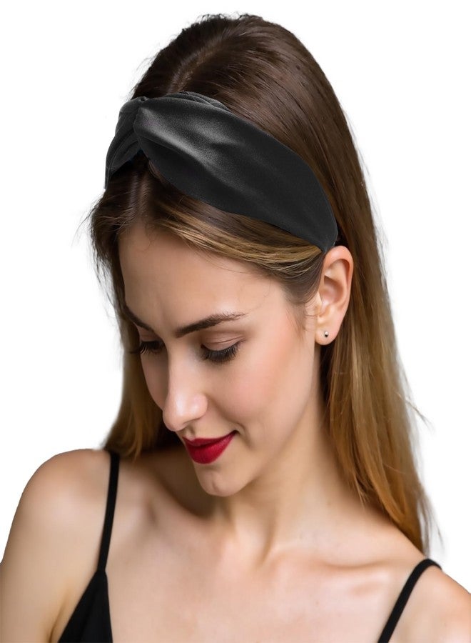 ZLYC Mulberry Silk Headband Elastic Twist Knotted Head Bands for Women's Hair, Solid Black - Image 1